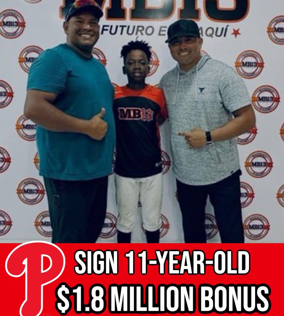 Is it me or are prospects getting younger? The #Phillies have signed  11-year-old Venezuelan shortstop David Basabe to a pre-agreement with a  $1.8 million bonus, making him the youngest player in history