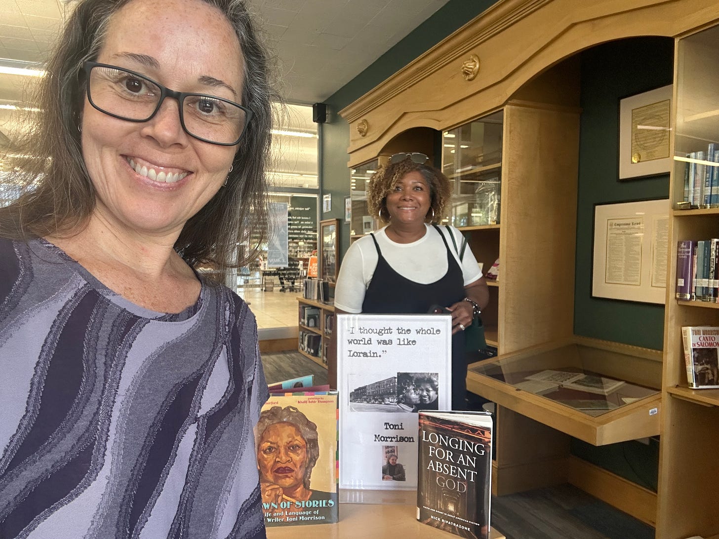 Authors Rachel Bennett Steury and Shonda Thompson in the Toni Morrison Reading Room which is housed in the Lorain Ohio Public Library Main Branch.