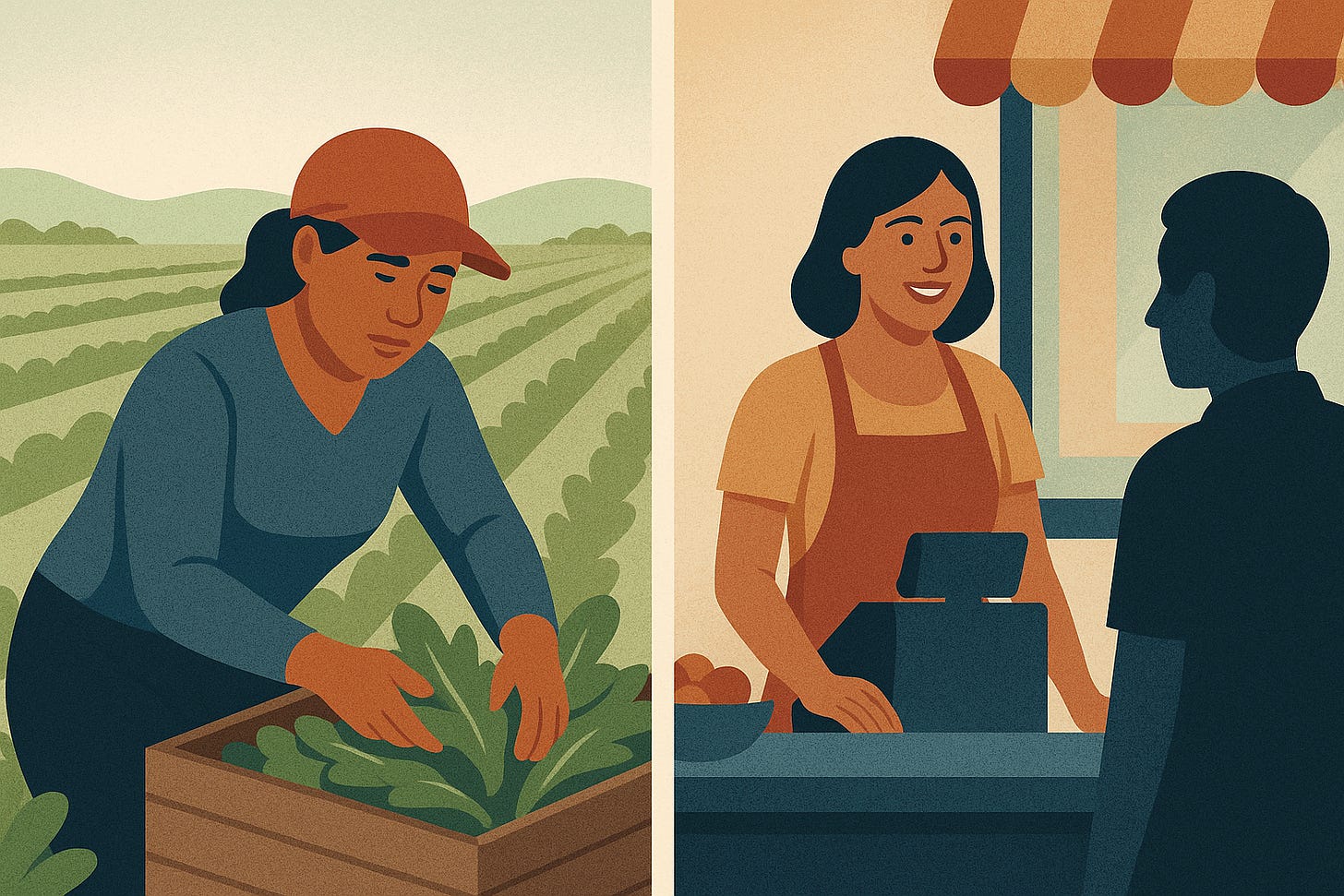 Illustration showing two Hispanic women: one picking crops in a field, the other running a small business behind a counter. Highlights immigrant contributions to U.S. labor and entrepreneurship. Illustration showing two Hispanic women: one picking crops in a field, the other running a small business behind a counter. Highlights immigrant contributions to U.S. labor and entrepreneurship.