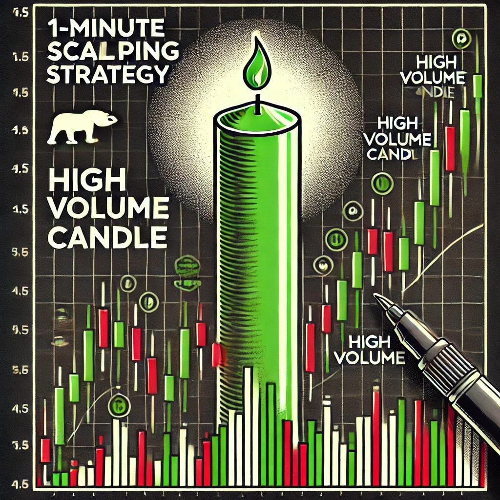 An illustration of a high volume candle on a stock market chart. The chart includes candlestick patterns, with one large green candle highlighted to indicate high volume. The candle stands out with a significantly larger body compared to the surrounding candles, signifying strong bullish activity. The chart background is professional, featuring grid lines, with volume bars at the bottom showing an exceptionally high volume spike corresponding to the large candle. Bold text '1-minute scalping strategy' is added prominently at the top of the image. On the left side of the image, the words 'HIGH VOLUME CANDLE' are added in large, bold letters for emphasis and clarity. The color scheme includes black, green, red, and white, designed for clarity and professional use.
