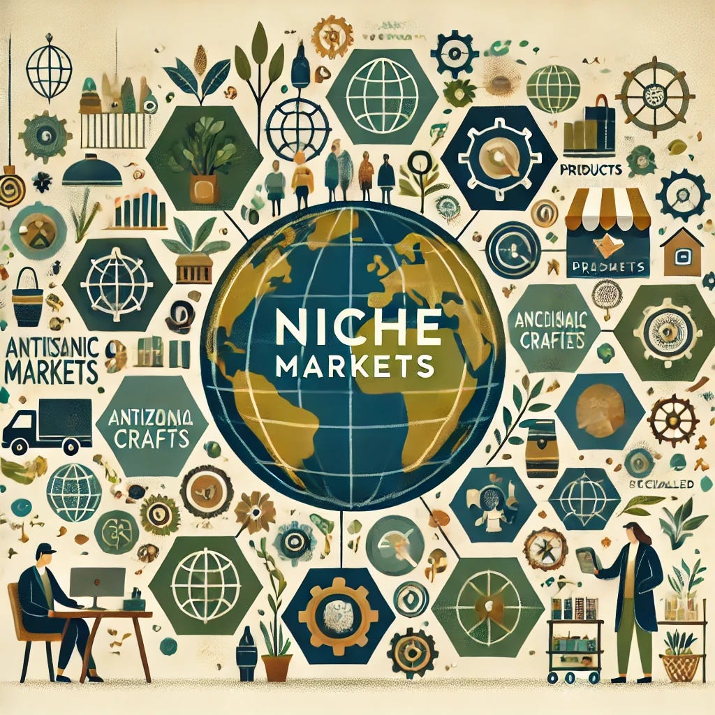 A professional and visually appealing illustration representing the concept of niche markets in the global economy. The image features a globe segmented into various unique markets, symbolized by icons like eco-friendly products, artisanal crafts, and specialized technology solutions. Each segment is distinct yet interconnected, highlighting the diversity and innovation within niche markets. A few consumers are shown engaging with these products, emphasizing customer loyalty and targeted offerings. The color palette uses muted earth tones with accents of green, blue, and gold to convey a sense of creativity, sustainability, and economic contribution.