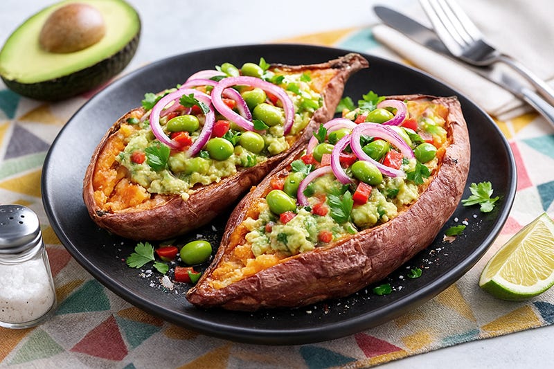 Cartofi dulci copți umpluți cu guacamole, edamame și ardei