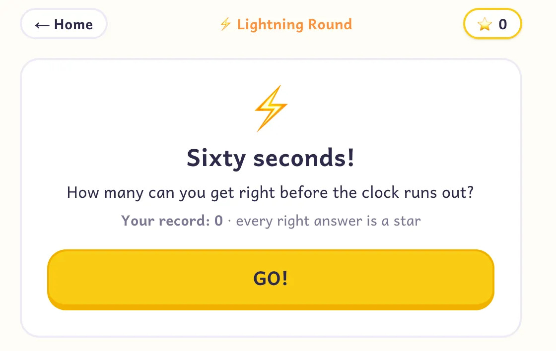 Lightning mode in the math game: sixty seconds on the clock, one star per correct answer Lightning mode in the math game: sixty seconds on the clock, one star per correct answer