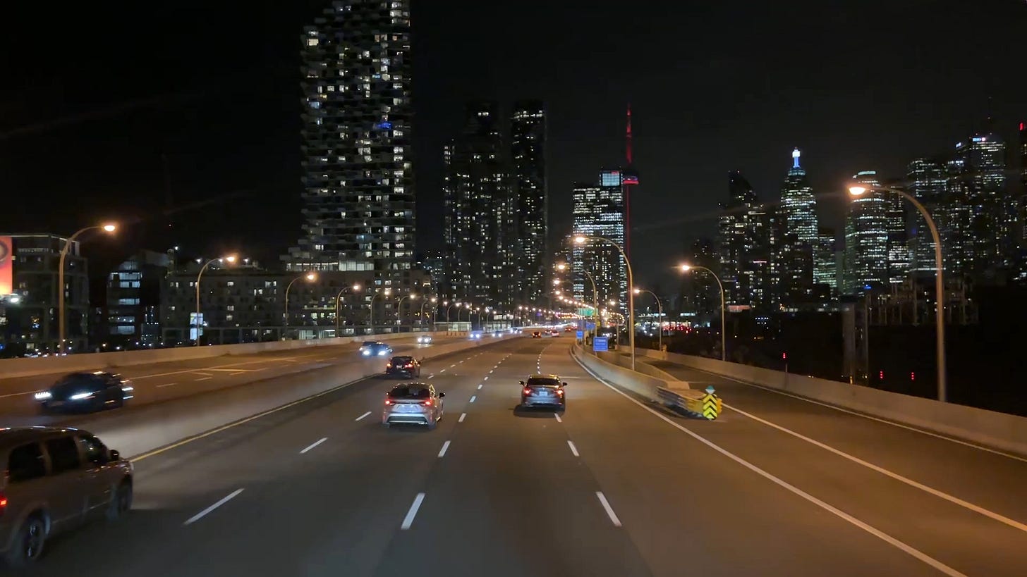 Nighttime view of six-lane roadway