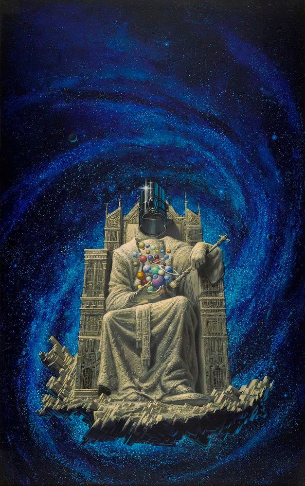 A headless statue in stately robes sits upon a stone throne hovering in front of a vibrant blue spiral galaxy. One arm rests lazily gripping a scepter that on close examination could be a long slender spacecraft with spherical bow section. The other hand is cupped palm up with dozens of planets hovering just above as if within its sovereignty. A tall shiny helmet floats empty just above the statue's shoulders. Rendered in tiny scale compared to the vast statue, a human figure stands at the foot of the throne. 