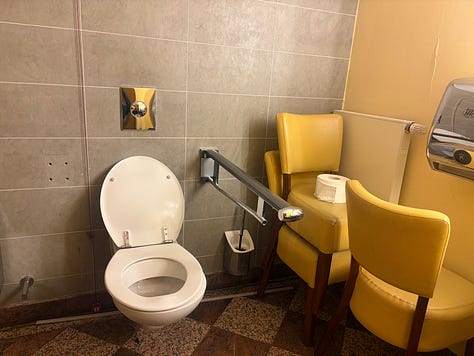 A potbury of accessible toilet photos with chairs, ladders, parasols and clutter 
