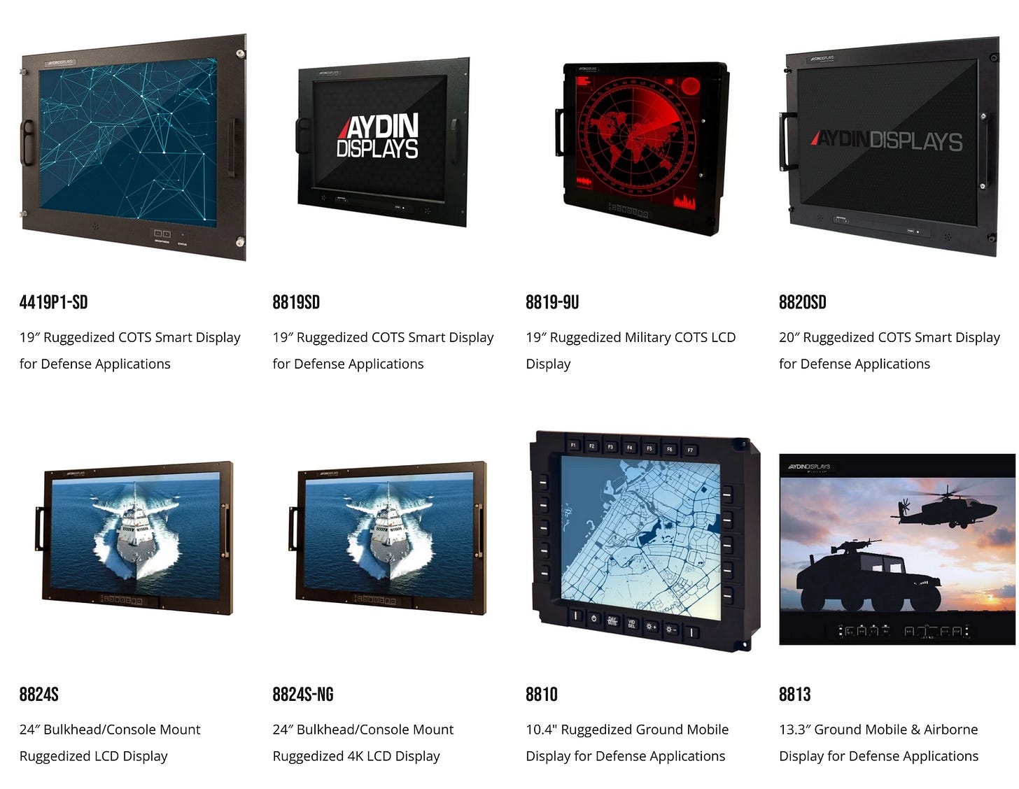 Aydin Display hardened military screen product lineup, 10 to 65-inch AS9100D-certified displays supporting 20+ military platforms across 80+ countries, acquired by Innovative Aerosystems (ISSC) in July 2026 for $24.5M. Aydin Display hardened military screen product lineup, 10 to 65-inch AS9100D-certified displays supporting 20+ military platforms across 80+ countries, acquired by Innovative Aerosystems (ISSC) in July 2026 for $24.5M.