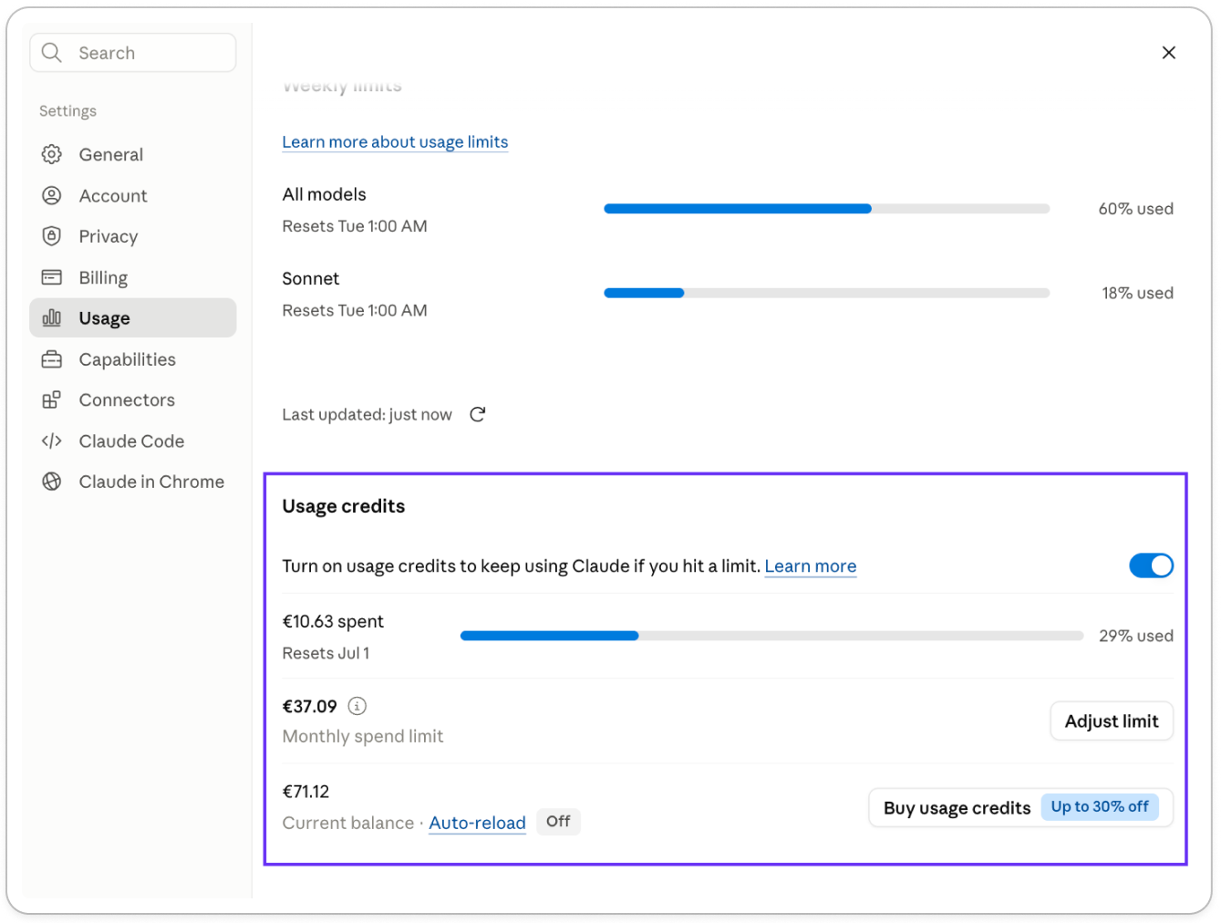 Claude's Usage credits settings panel with the toggle switched on to keep working past your limit at pay-as-you-go rates, showing spend so far, a monthly spend limit, and current balance.