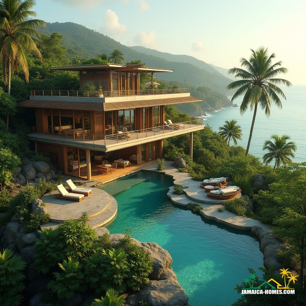 Majestic, eco-friendly estate in the rolling hills of St. Ann, Jamaica, overlooking the turquoise coastline, built with sustainable materials such as bamboo, reclaimed wood, and natural stone, showcasing an open-concept design with expansive, floor-to-ceiling windows that seamlessly blend indoor and outdoor spaces. Lush, vibrant tropical plants adorn the floating terraces, while a crystal-clear, natural spring-fed plunge pool meanders through the property, reflecting the warm, golden light of the Jamaican sun. Solar-powered smart home systems and wind turbines blend seamlessly into the surroundings, ensuring off-grid luxury living. Rendered in a cinematic film still style, reminiscent of the works of Emmanuel Lubezki, Hoyte van Hoytema, and David Fincher, with a warm, filmic quality, subtle grain, and a shallow depth of field, evoking the feeling of a 35mm film shot on a V-Raptor XL camera, with meticulous attention to color grading, post-processing, and atmospheric lighting, creating a breathtaking, dramatic, and epic visual masterpiece.