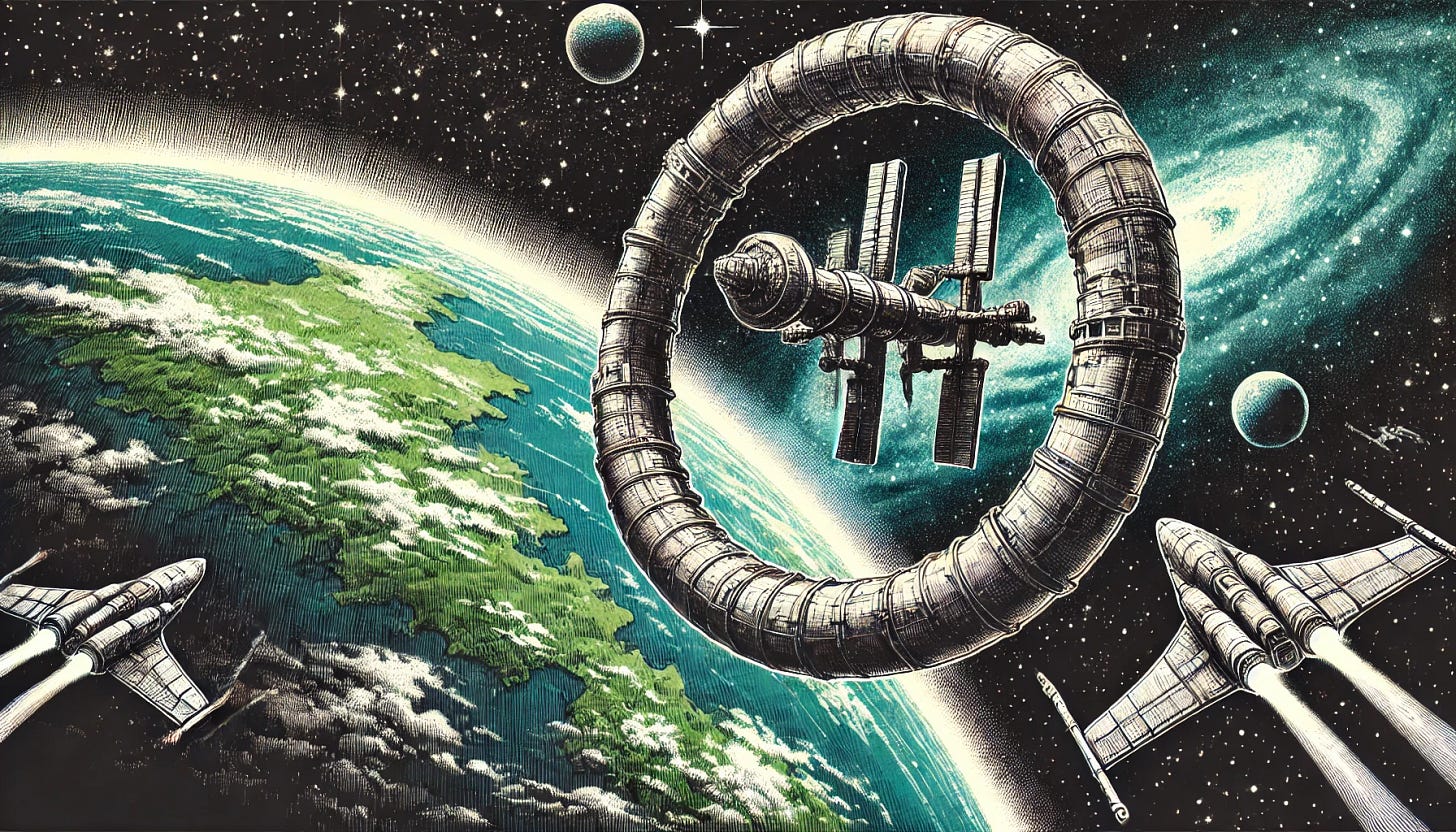 A detailed sketch-style illustration of a ring-shaped space station in orbit above a vibrant blue and green planet. The planet features numerous islands scattered across its surface, surrounded by expansive oceans. The space station is depicted as a massive, futuristic ring with intricate structures along its circumference, clearly positioned in space above the planet without intersecting it. The illustration is free of spaceships, leaving only the ring-shaped station and the cosmic environment. The sketch conveys depth and realism, with fine linework and shading, resembling a high-quality pencil or ink drawing. The background features stars and a faint nebula, adding a touch of cosmic atmosphere.