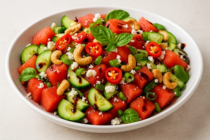 watermelon salad, meatball soup, miso salmon, veggie pizza