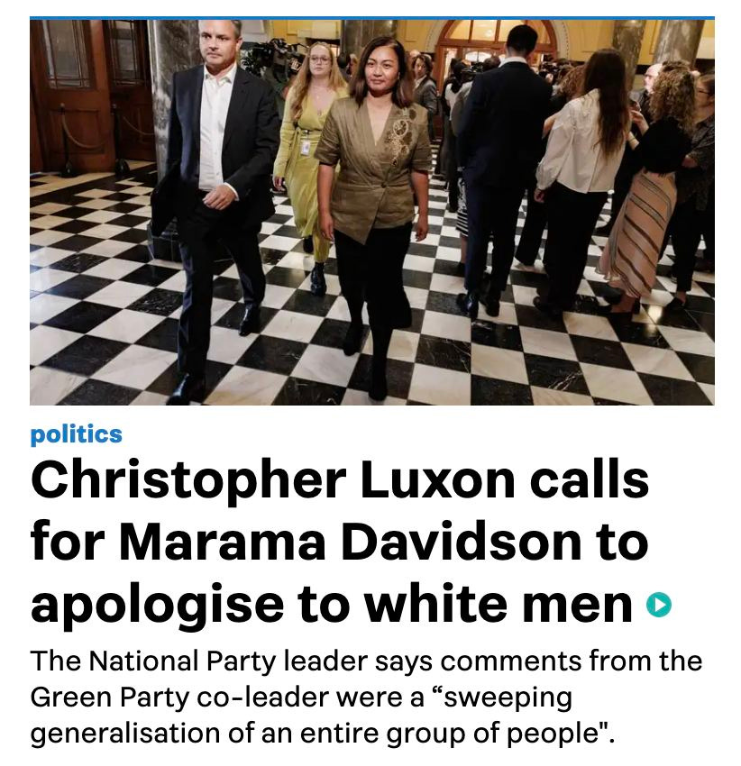 Headline reads, "Christopher Luxon calls for Marama Davidson too apologise to white men." Headline reads, "Christopher Luxon calls for Marama Davidson too apologise to white men."