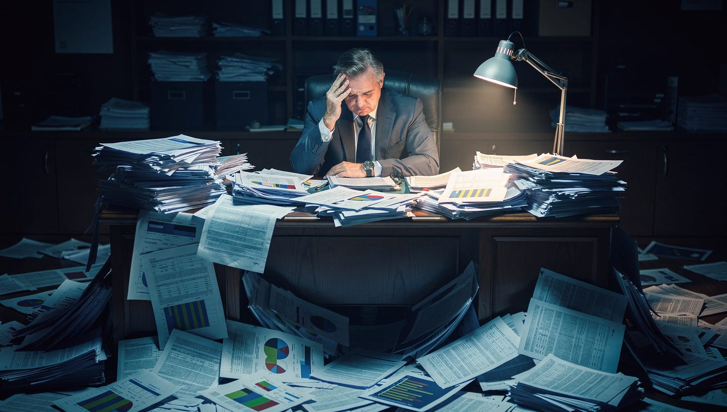 Photorealistic editorial photograph. A businessman in a suit sits at a desk completely buried under an avalanche of documents, reports, charts and printed spreadsheets. His expression shows confusion and overwhelm, head slightly bowed, one hand on his temple. The papers are cascading off the desk onto the floor. The room is dimly lit except for a single harsh desk lamp illuminating the chaos. Dark, moody atmosphere. Shallow depth of field. Cinematic color grading with deep shadows and cold blue tones. High-end financial magazine aesthetic. 16:9 aspect ratio. Photorealistic editorial photograph. A businessman in a suit sits at a desk completely buried under an avalanche of documents, reports, charts and printed spreadsheets. His expression shows confusion and overwhelm, head slightly bowed, one hand on his temple. The papers are cascading off the desk onto the floor. The room is dimly lit except for a single harsh desk lamp illuminating the chaos. Dark, moody atmosphere. Shallow depth of field. Cinematic color grading with deep shadows and cold blue tones. High-end financial magazine aesthetic. 16:9 aspect ratio.
