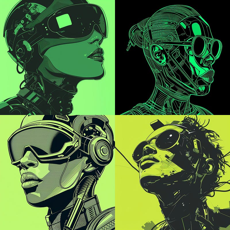 realistic portrait of dystopic android with sunglasses in green and black tones realistic portrait of dystopic android with sunglasses in green and black tones