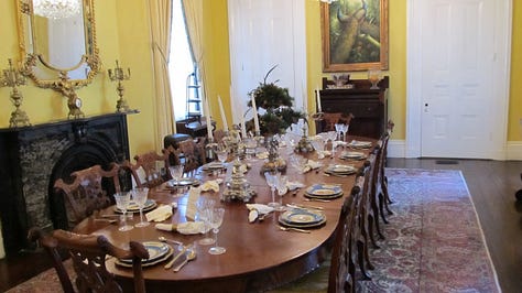 Interior photos of Nottoway, showing a fireplace, the dining room table with dishes, the ceiling and a bedroom.