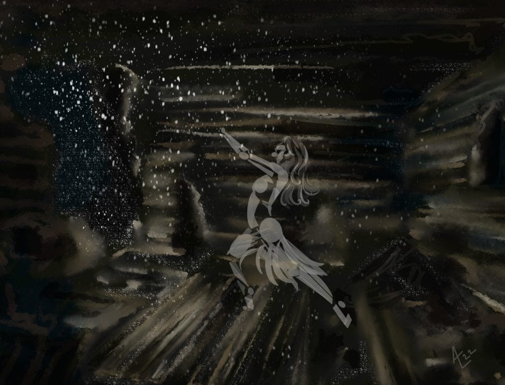 Digital Drawing of a dancing ghost in a damaged building, the snow is blowing.  Loscotoff 2022