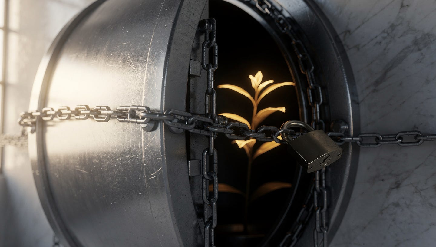 Realistic cinematic macro photograph of a steel vault door left slightly ajar, with a small plant of glowing golden leaves growing from inside. A taut metal chain wraps around the vault, secured with a closed padlock holding the door barely open. Light marble or soft grey stone background, slightly out of focus. Warm natural light entering from the side, like late afternoon sun through a window, soft elongated shadows. Shallow depth of field, realistic metal texture. No text, no people, no logos.