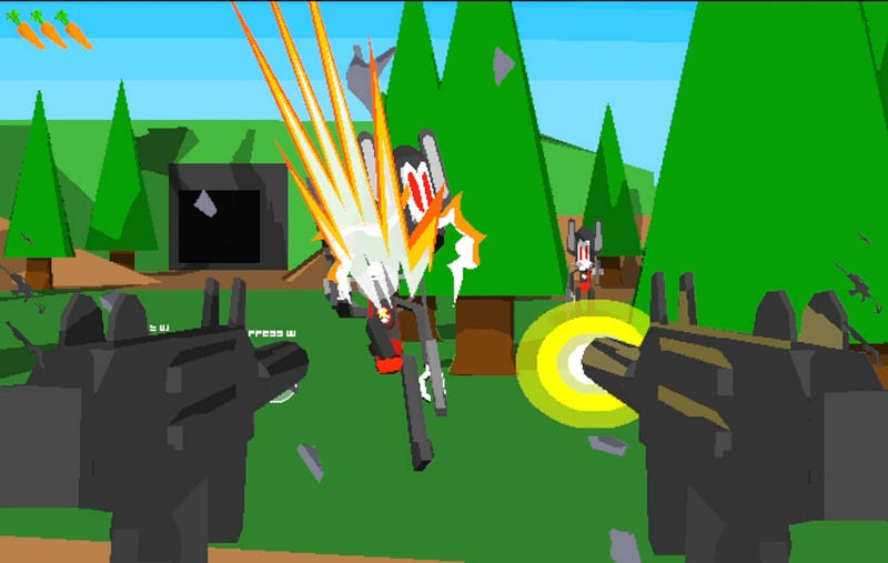 A gameplay screenshot of Gunny Bunny depicting a gun battle between the title character and an unfriendly robot.