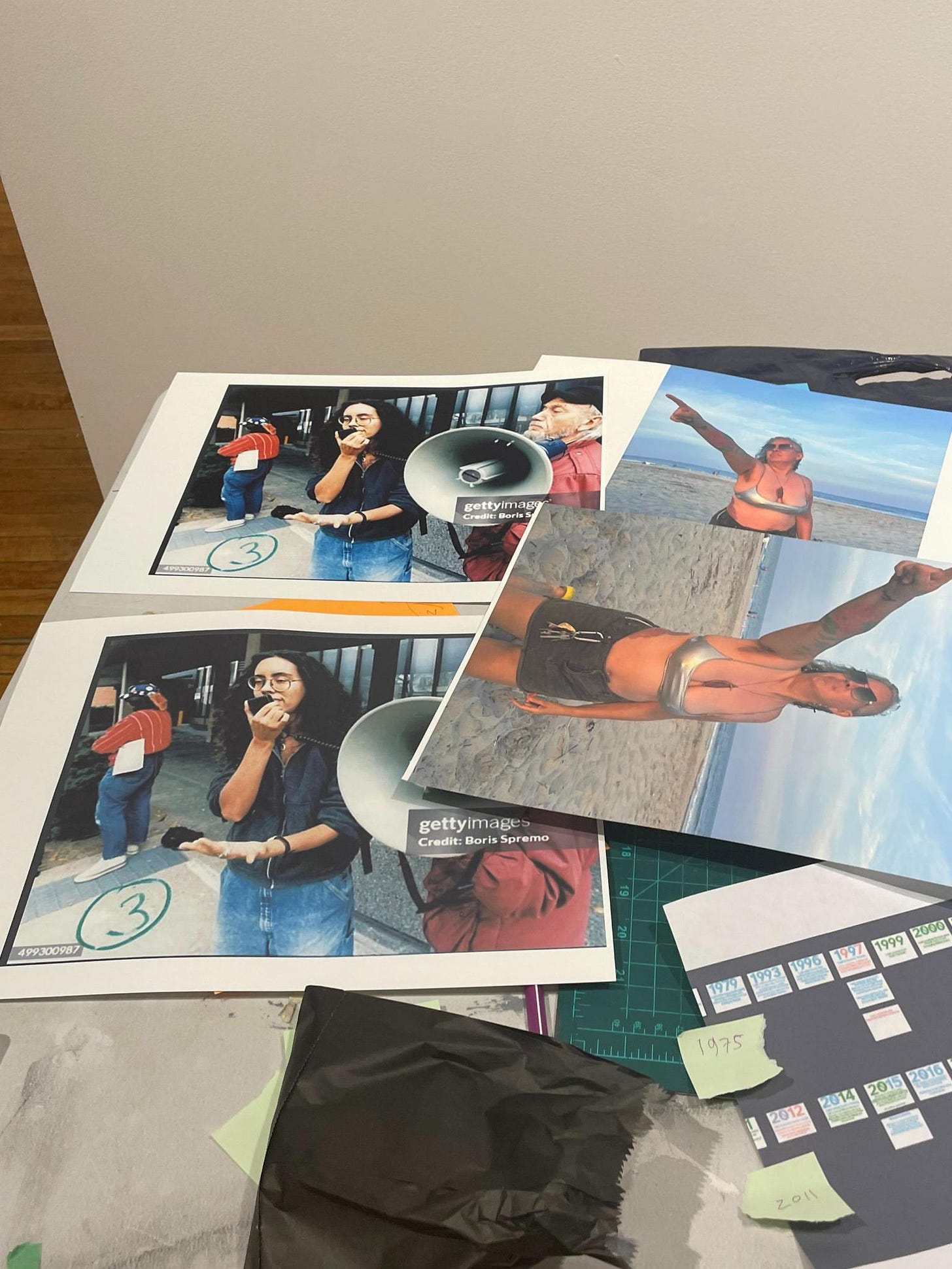 photos of Leah at 23 protesting outside queen st mental health with don weitz, skinny, nuts and intent, next to Leah fifty in a silver bikini and shades pointing in front of the ocean