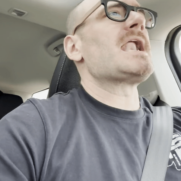 Selfie of author driving somewhere and a GIF of author dancing to Megan THEE Stallion