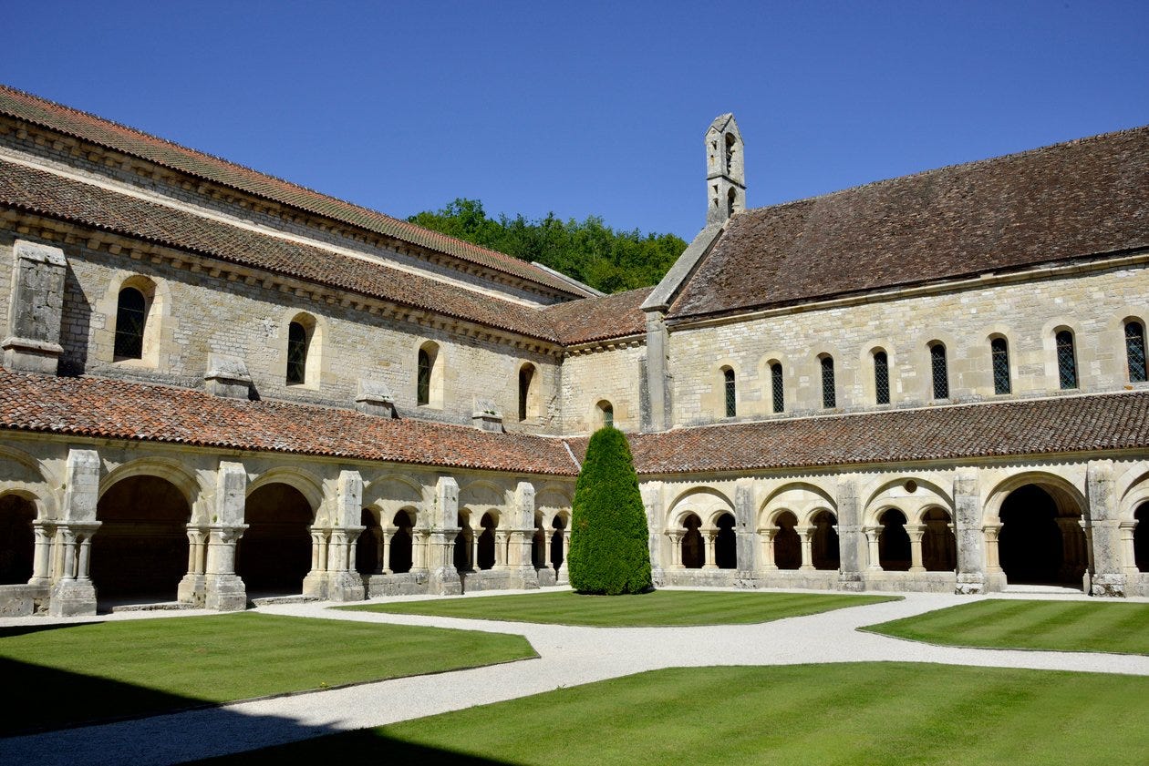 Romanesque architecture: View of the cloister and the buildings of the ...