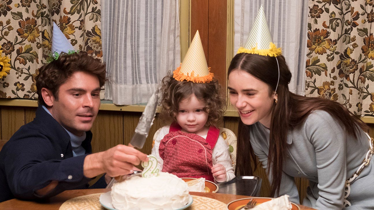 Zac Efron and Lily Collins with party hats on for a 2 year old birthday in Extremely Wicked, Shockingly Evil and Vile