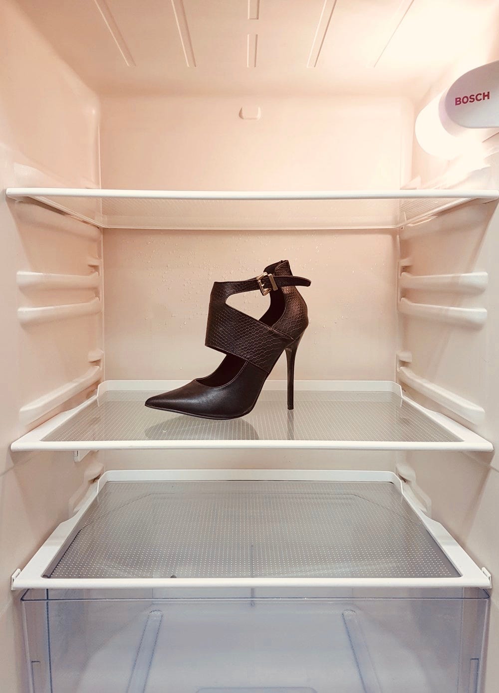 A high heeled shoe inside a small fridge A high heeled shoe inside a small fridge