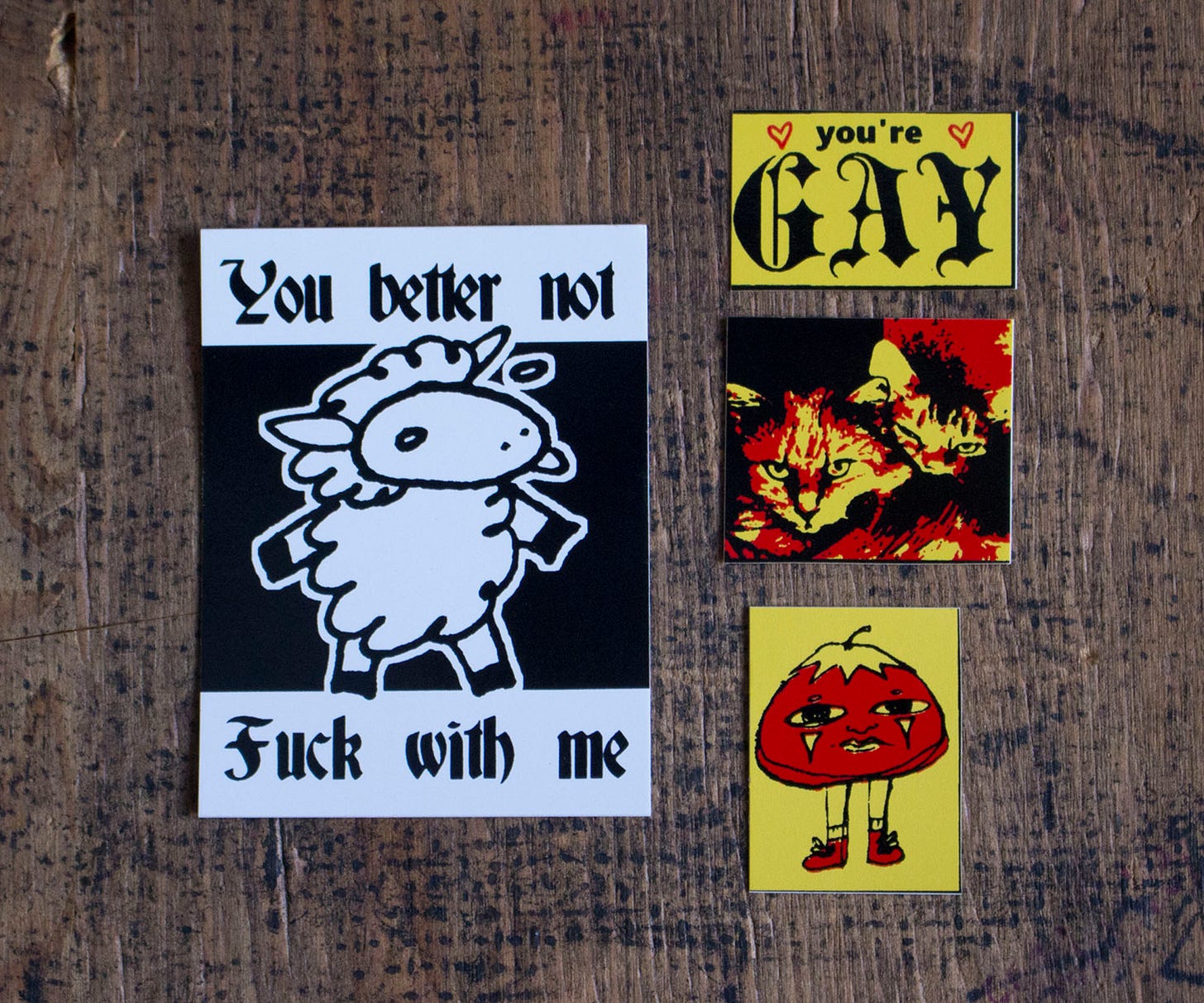 Four vinyl stickers lie flat on the table. One depicts a lamb doodle and says "You Better Not Fuck With Me," one says "You're Gay," one depicts two cats, and one depicts a doodle of a tomato with a face and legs.