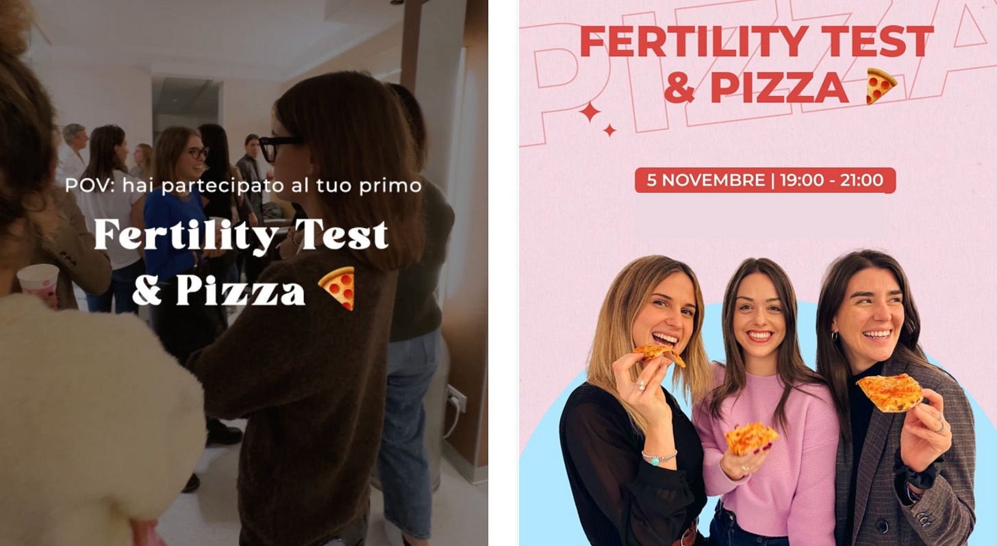 Due post Instagram. A sinistra la copertina di un reel che dice “POV: hai partecipato al tuo primo Fertility Test & Pizza”, dietro si vede un gruppo di persone che parlano tra loro mentre mangiano e bevono. A destra, tre ragazze sorridenti mangiano una fetta di pizza, sopra c’è la scritta rossa su sfondo rosa: “Fertility test & pizza. 5 novembre, 19:00 - 20:00”.