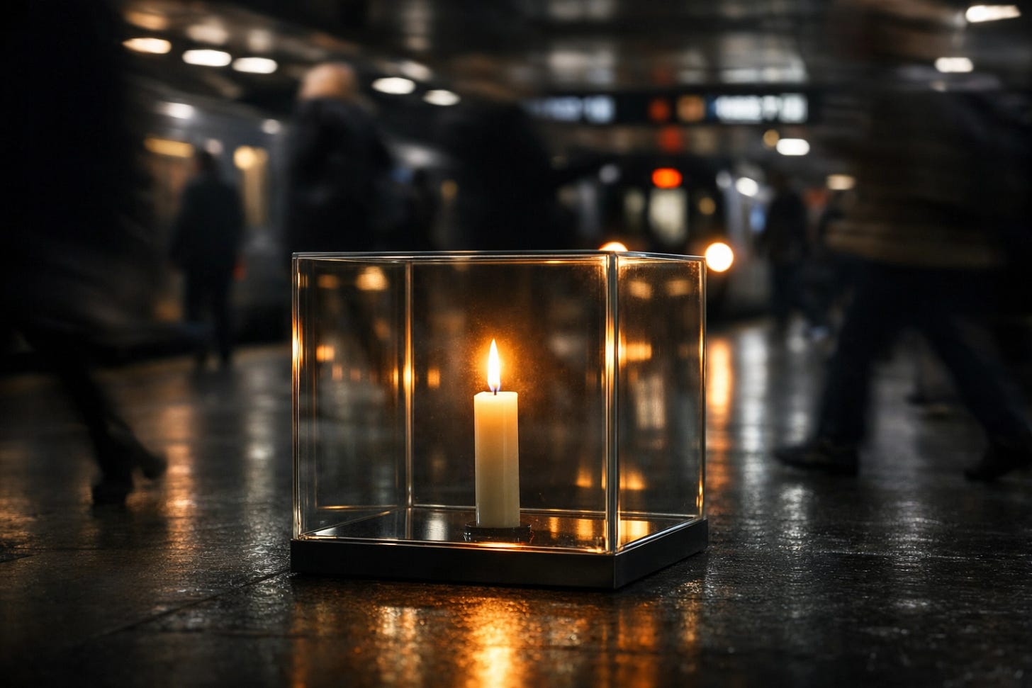 A candle protected in a glass box, representing the light of faith and culture amidst secular darkness.