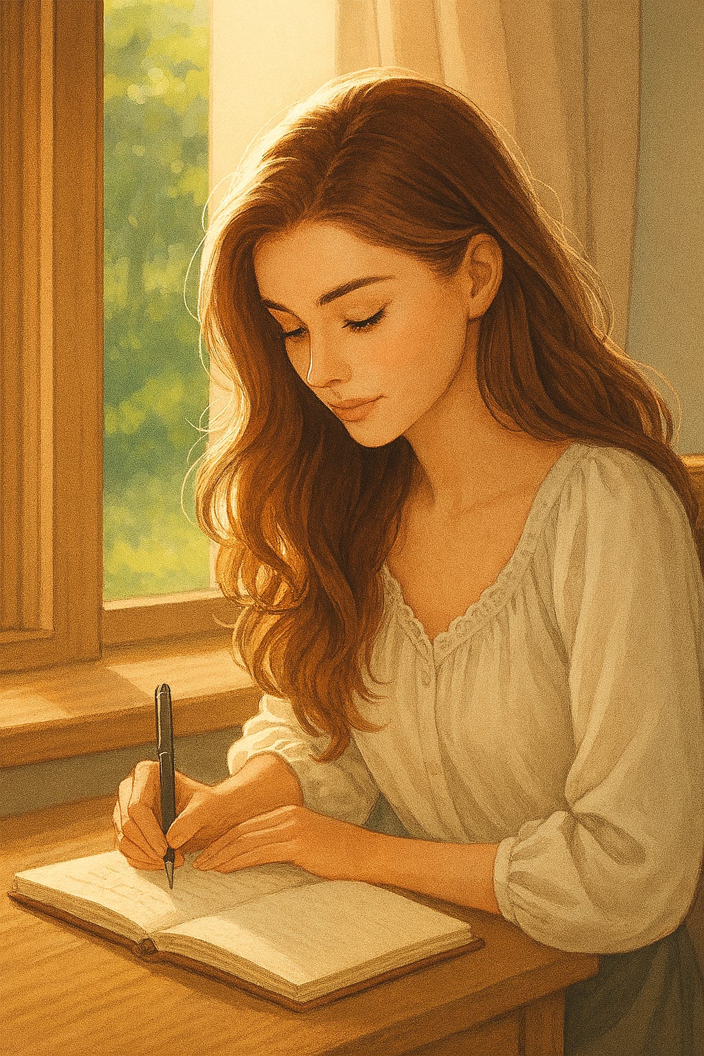 Beautiful young woman with long brown wavy hair is sitting by a sunlit window writing in a journal