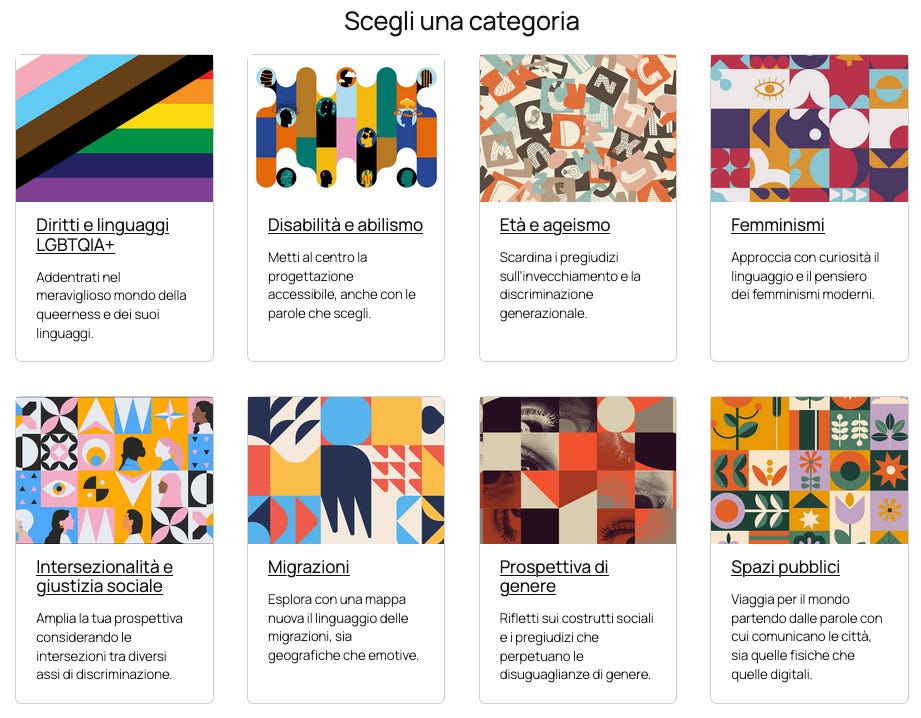 Le otto categorie tematiche che compongono la biblioteca digitale di Ojalá: diritti LGBTQIA+, disabilità e abilismo, prospettiva di genere, femminismi, intersezionalità e giustizia sociale, migrazioni, spazi pubblici, età e ageismo.