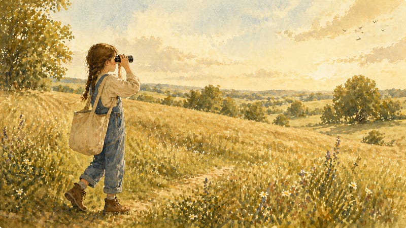 Young introvert exploring nature, pausing to observe the landscape with binoculars.