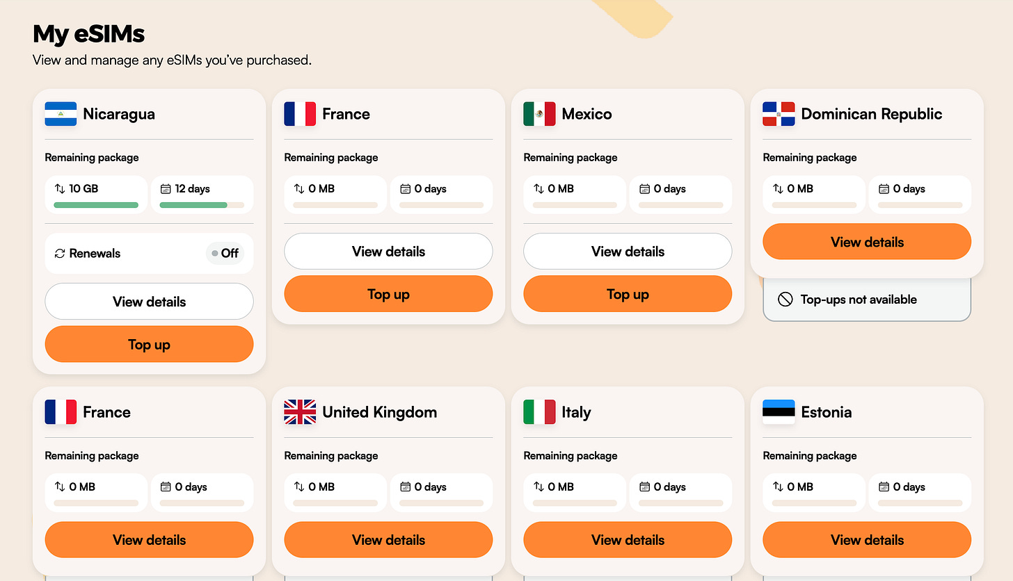 The Airalo dashboard with eSIMs for Nicaragua, France, Mexico, United Kingdom and more.