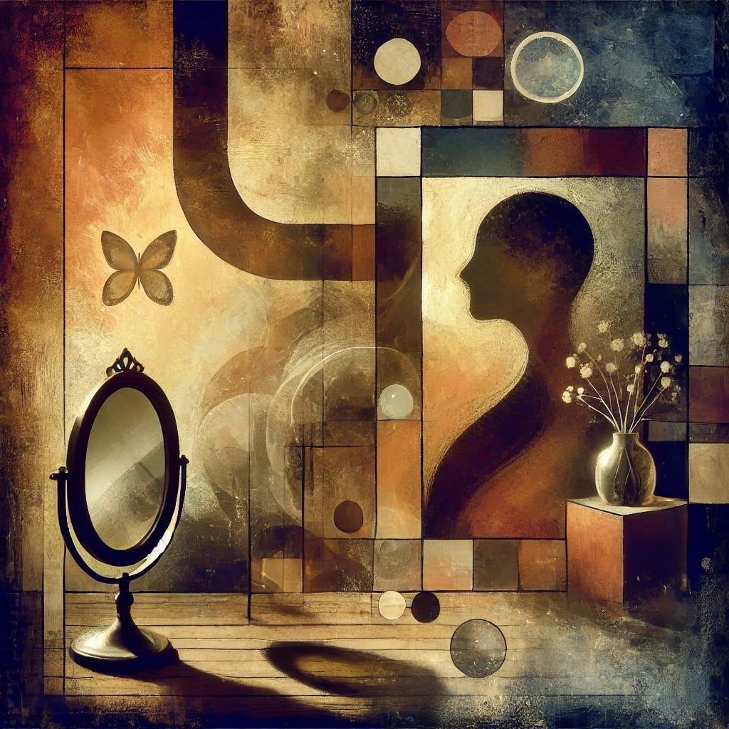 An old-timey, stylish and abstract cover image for a blog post. The image should evoke introspection and self-analysis, without being too literal. Imagine a symbolic, slightly abstract scene with dark, moody colors to reflect themes of self-doubt and introspection. Include elements like a fragmented mirror, shadows, and ambiguous forms to suggest confusion and self-reflection. The overall tone should be elegant and contemplative, with a vintage feel to match the 'old-timey' style requested, without any text.