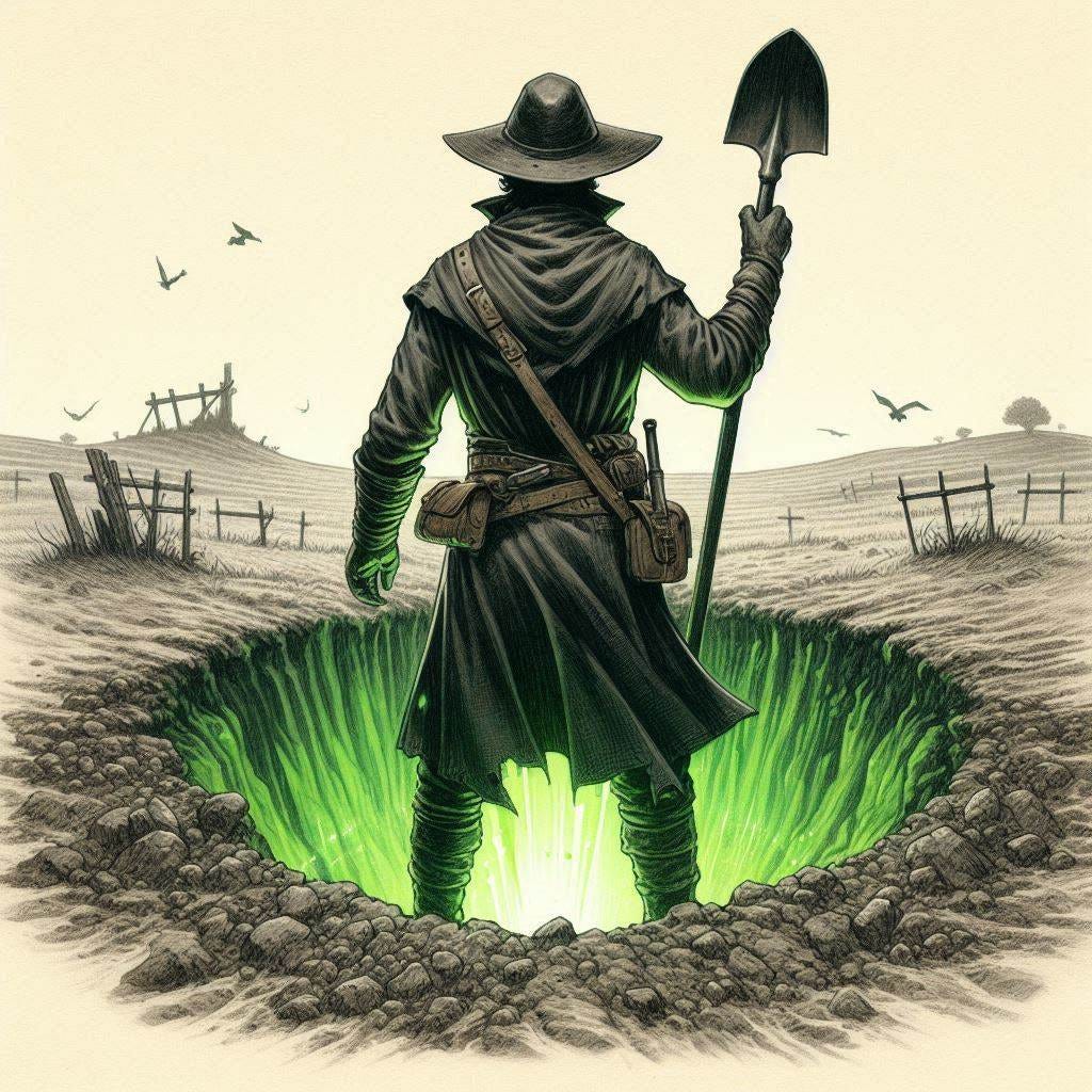 black haired medieval adventurer above hole holding shovel, hole glowing green, plains, dungeons and dragons fantasy drawing