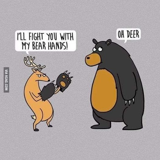 May be an image of deer and text that says 'I'LL FIGHT YOU WITH MY BEAR HANDS! OH DEER VIA 9GAG COM'