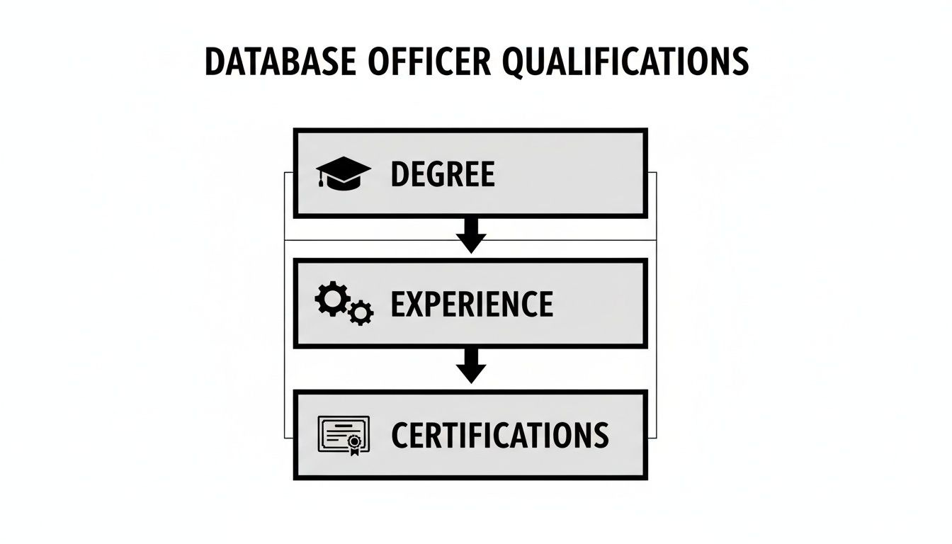 Flowchart displaying Database Officer Qualifications: Degree, Experience, and Certifications in a stacked list.