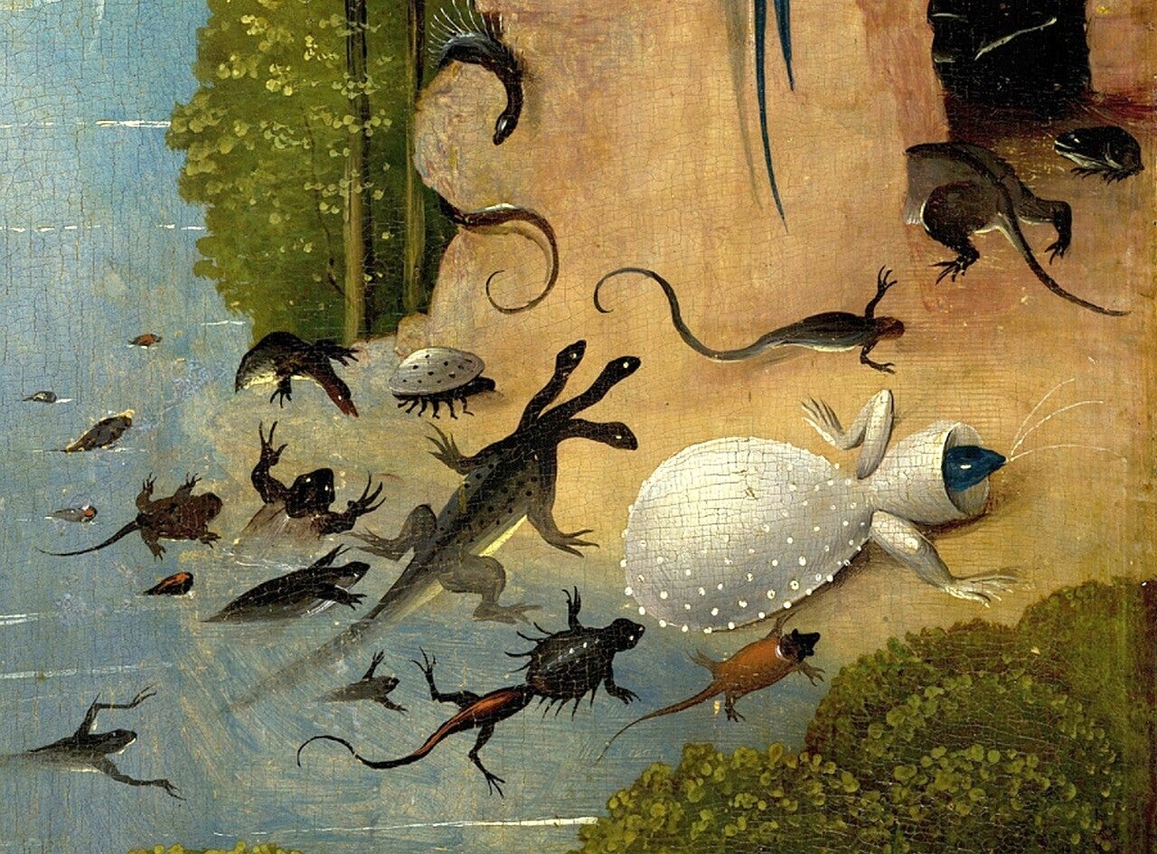 Animals and figures in a crowded panel Animals and figures in a crowded panel