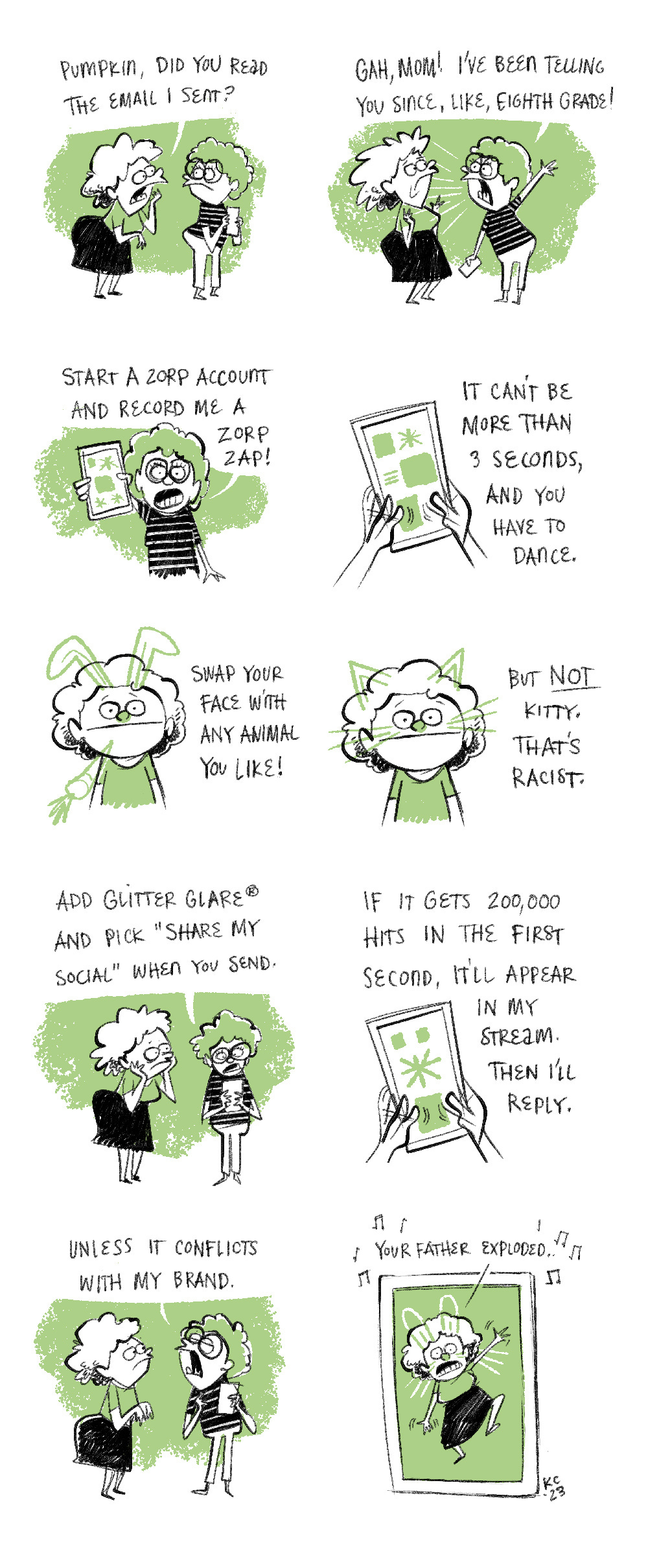 Comic about a mother wanting to tell her daughter something, and her daughter forcing her to use a new app to do it.