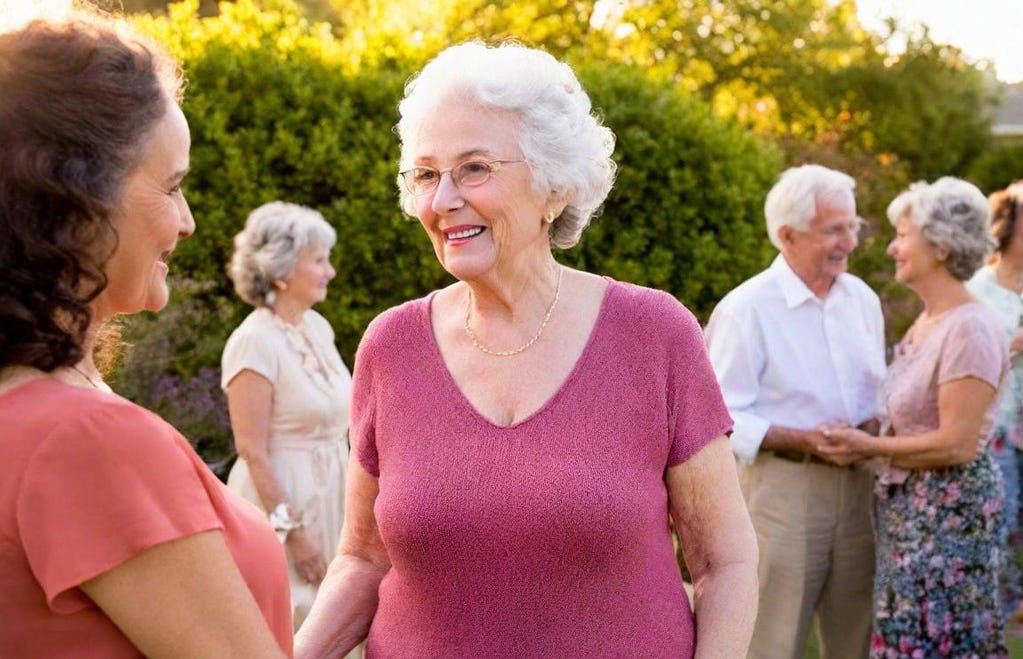 White woman with beige blouse and gray hair in the center of the photo smiles as she visits with a brunette woman to her right. Four people shown in the background at an outdoor dinner party. 