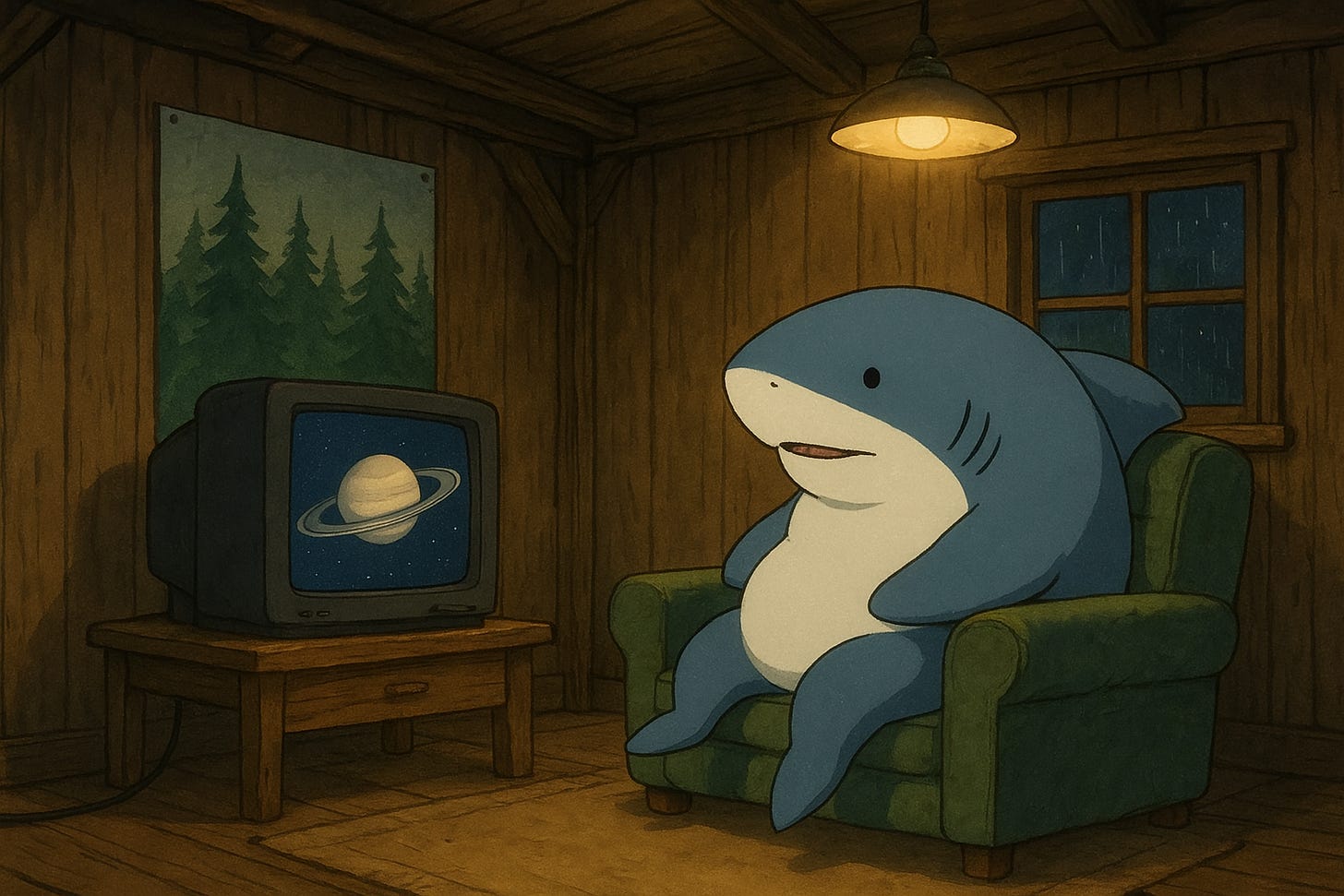 Žralok chillující v křesle na chatě, pravděpodobně někde u Třebíče. V televizi je jasně viditelný Saturn a na stěně visí plakát jehličnatého lesa.