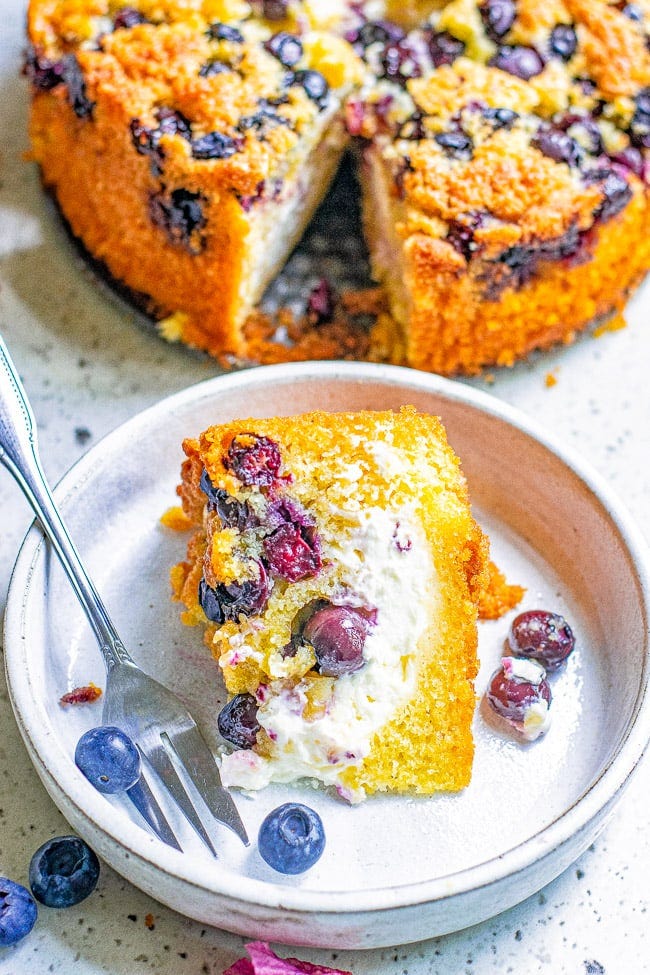 Cream Cheese-Filled Blueberry Cake - A light and tender blueberry sponge cake stuffed with tangy-sweet cream cheese and bursting with juicy blueberries in every bite! An EASY, no-mixer cake recipe that's sure to be a family FAVORITE!! Cream Cheese-Filled Blueberry Cake - A light and tender blueberry sponge cake stuffed with tangy-sweet cream cheese and bursting with juicy blueberries in every bite! An EASY, no-mixer cake recipe that's sure to be a family FAVORITE!!