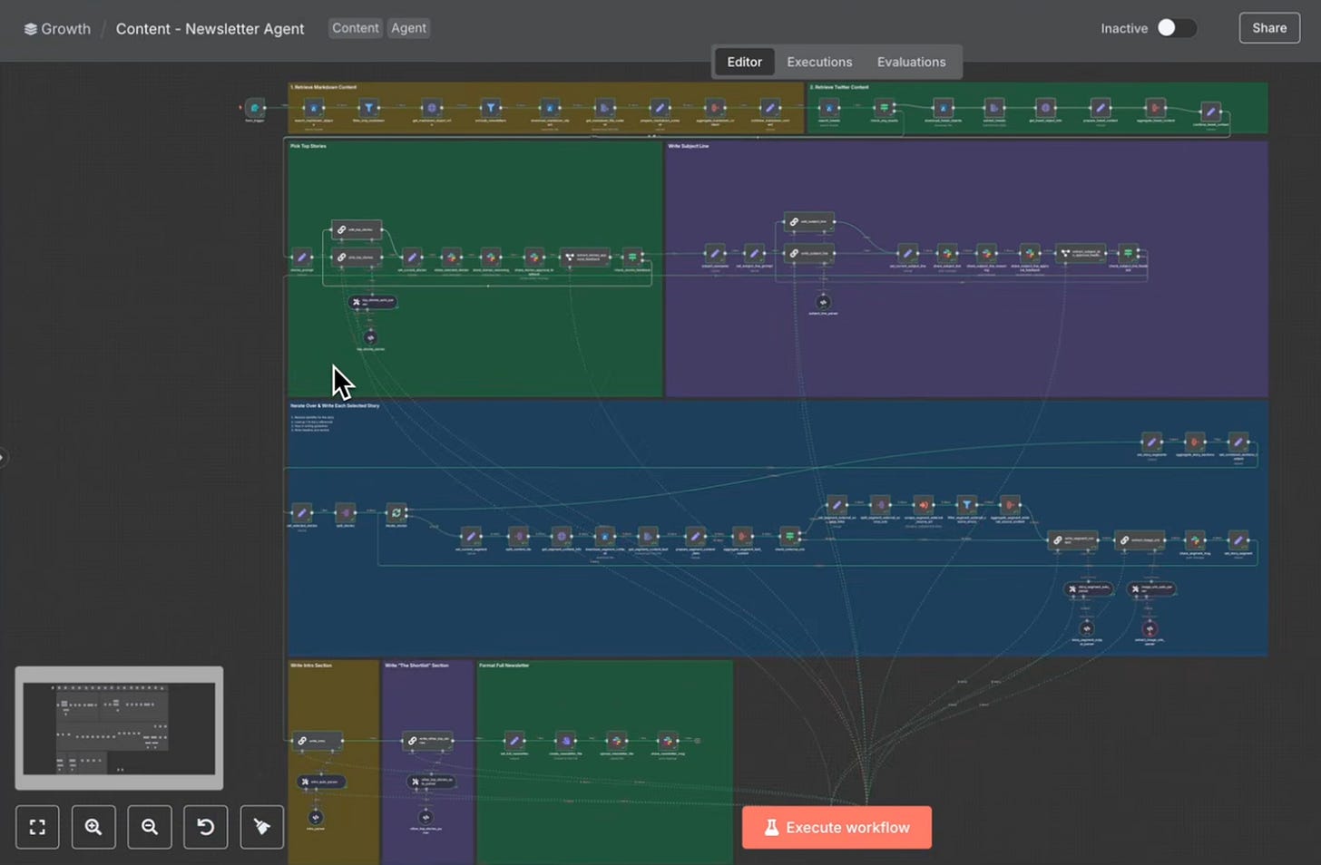 A complex n8n automation workflow for generating a newsletter, showing dozens of interconnected nodes across multiple color-coded sections for retrieving content, picking top stories, writing subject lines, and formatting the final output. This is what it takes to build a reliable automated newsletter without grounded search. A complex n8n automation workflow for generating a newsletter, showing dozens of interconnected nodes across multiple color-coded sections for retrieving content, picking top stories, writing subject lines, and formatting the final output. This is what it takes to build a reliable automated newsletter without grounded search.