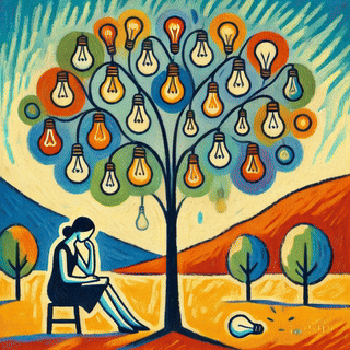 An artistic illustration of a person sitting on a chair under a stylized tree with lightbulbs as fruits, symbolizing the nurturing of ideas and creativity in a vibrant landscape.