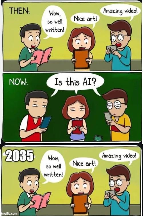 r/DefendingAIArt - THEN: Wow, so well Amazing videol Nice artl written! NOW: Is this AI? 2035 videol Wow, so well Nice artl written! imgiip com Amazing