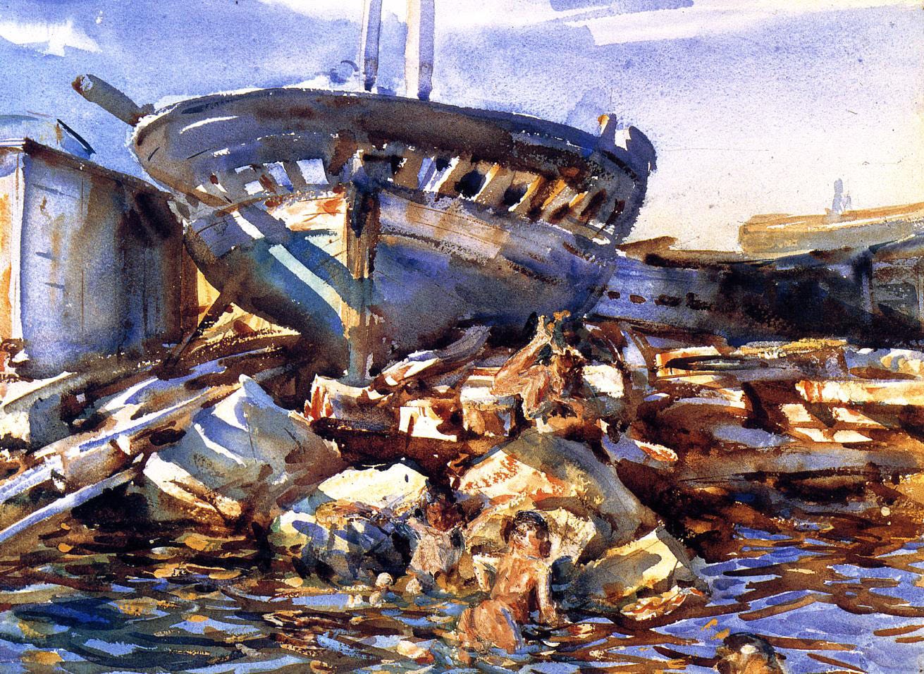 A wrecked boat. Its ruined cargo floats in fragments around it.