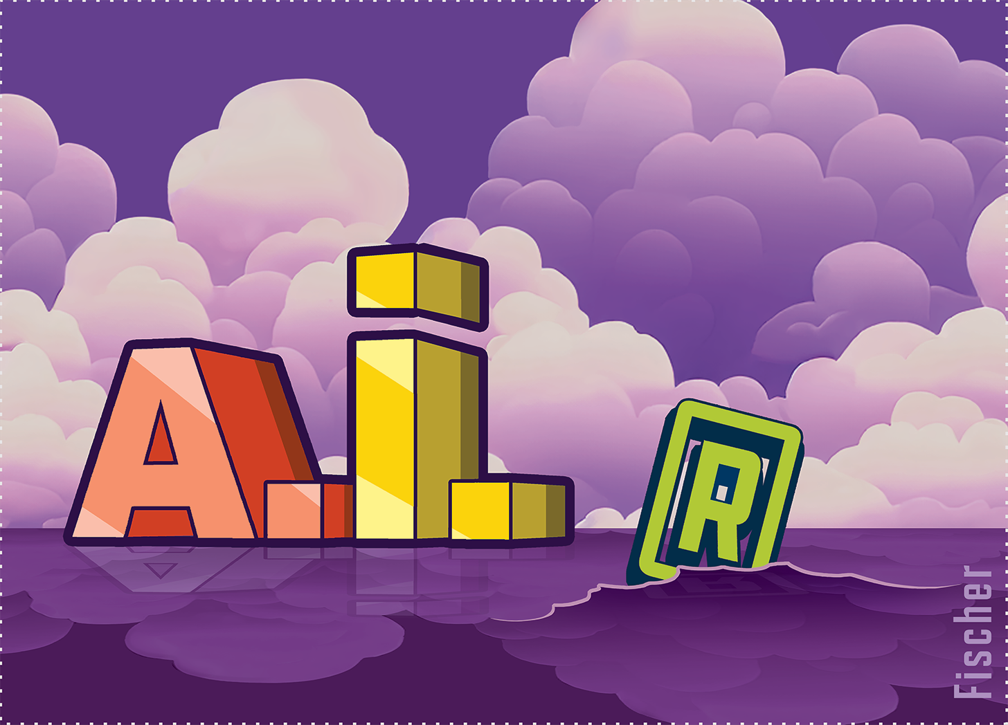 The letters [A.] and [I.] are resting in a sea like an island while the registered copyright symbol floats away from them. In the background gathering clouds signal a coming storm.