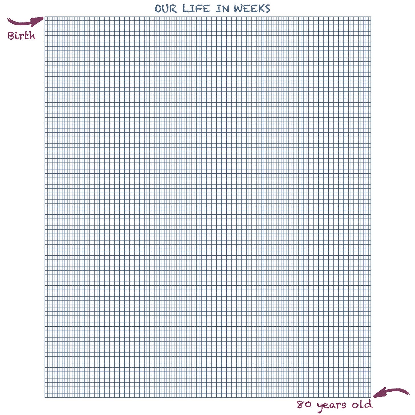 Visual portrayal of an 80 year life span in weeks