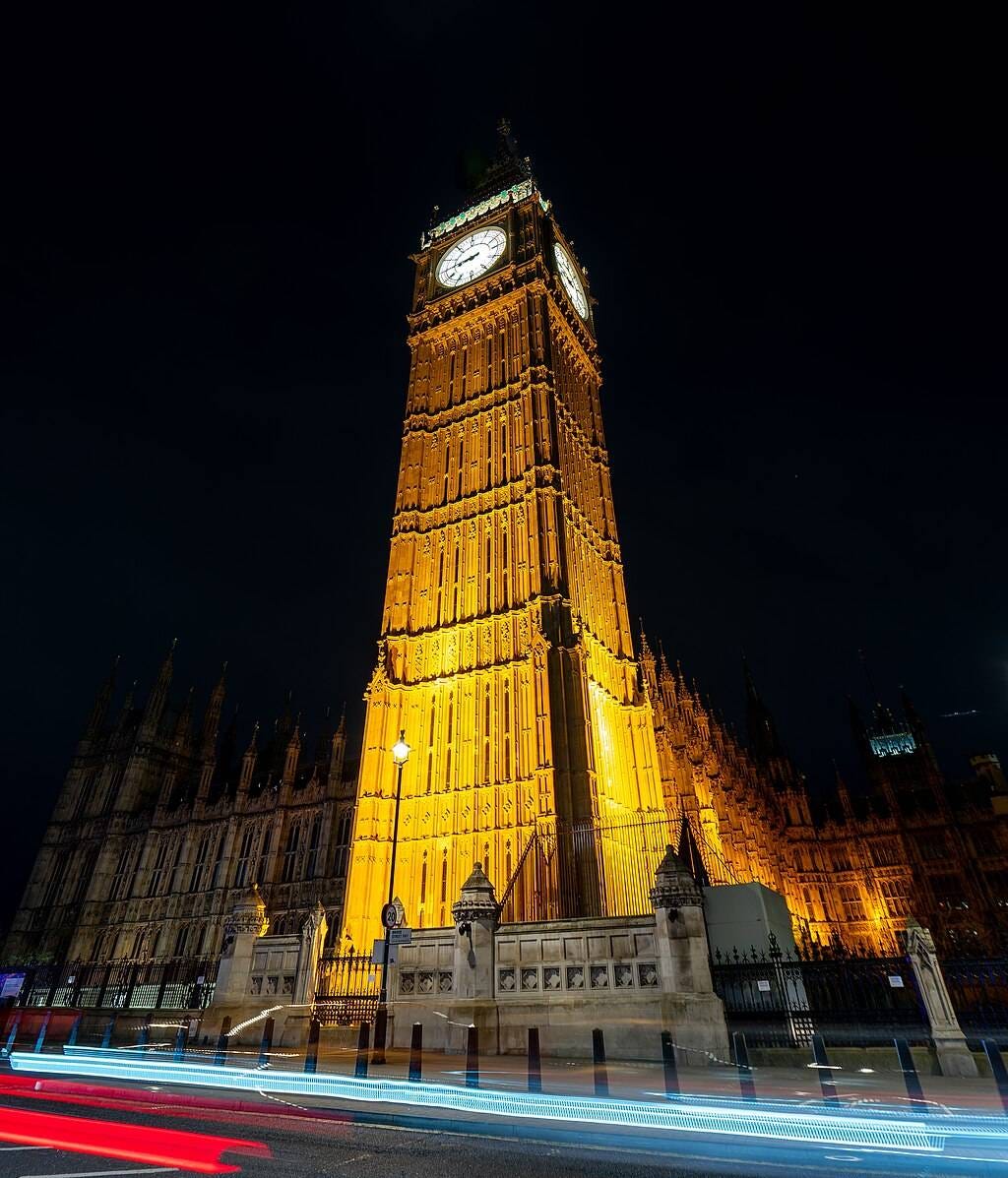 Elizabeth Tower, Westminster, at night.